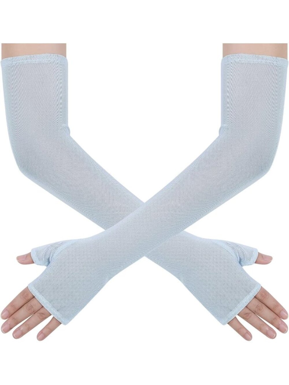 Women Light Blue Elbow Length Tulle Mesh Long Fingerless Opera Party Sheer Glove